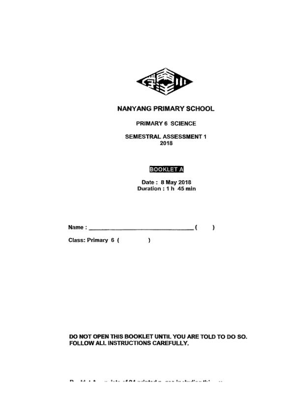 Nanyang P6 Sci WA2 2018 exam paper PDF first page preview