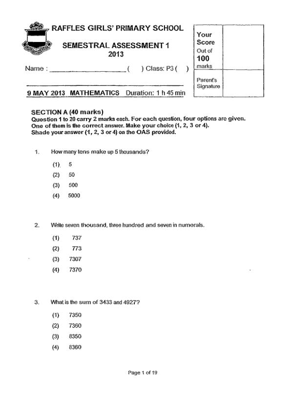 Raffles Girls P3 Math WA2 2013 exam paper PDF preview
