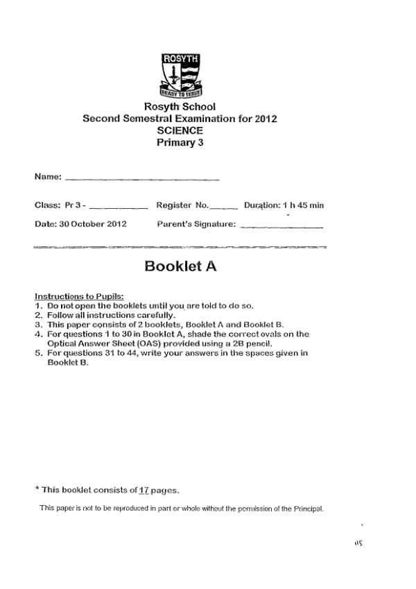Rosyth P3 Sci SA2 2012 exam paper PDF preview