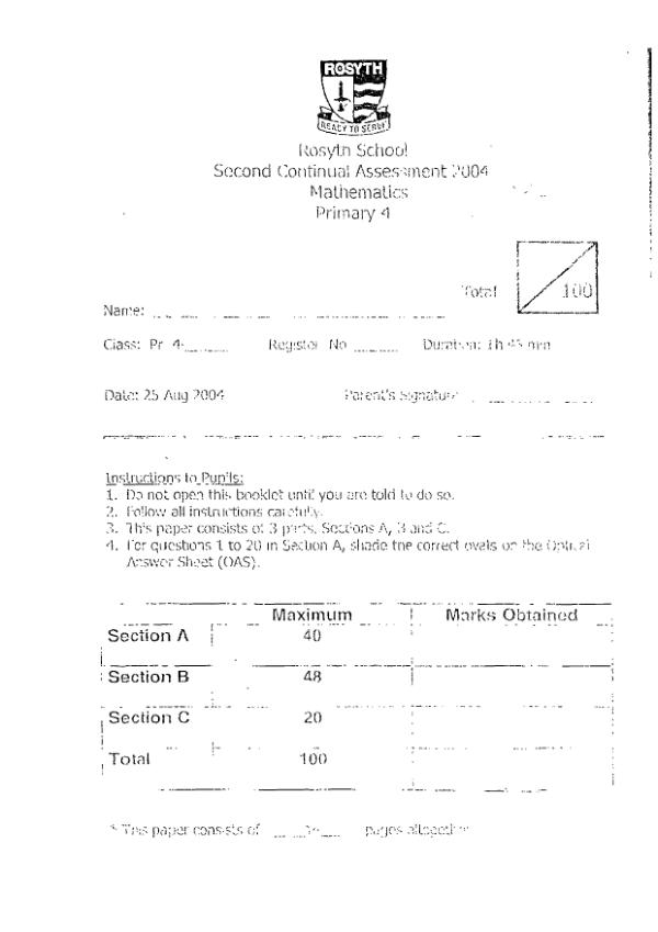 Rosyth P4 Math WA3 2004 exam paper PDF preview