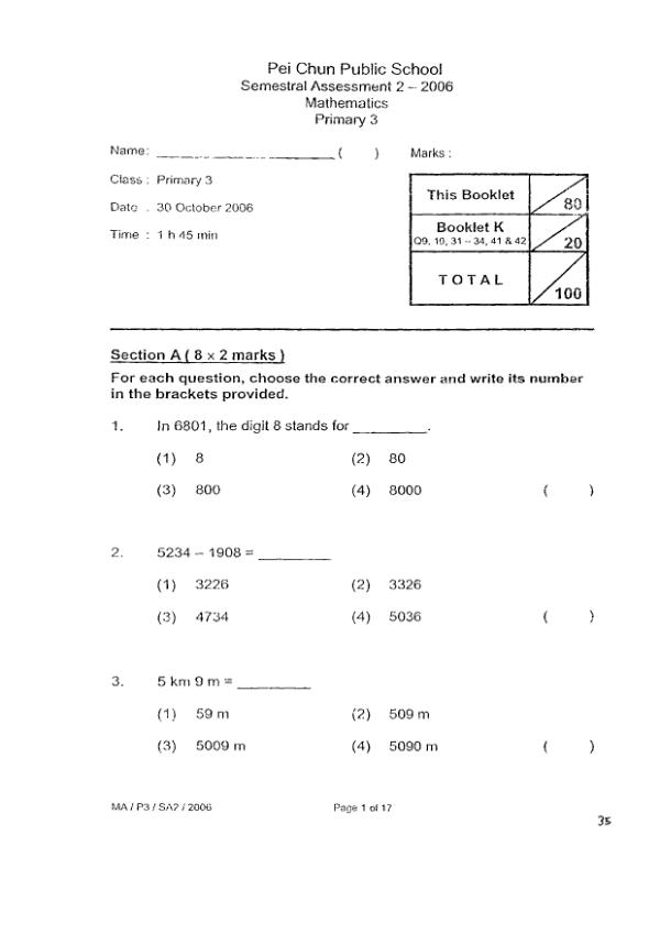 Pei Chun P3 Math SA2 2006 exam paper PDF first page preview
