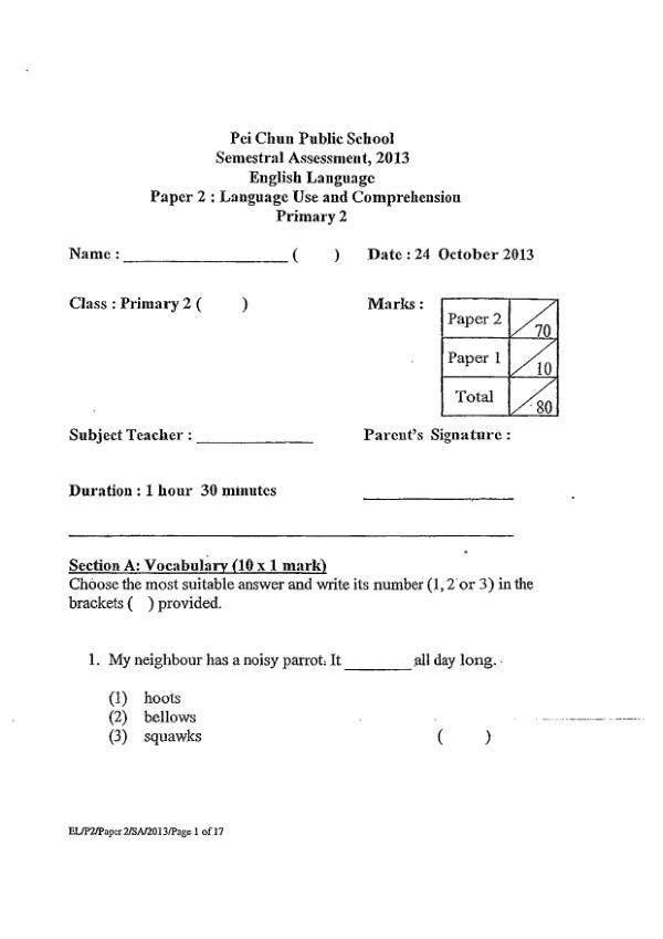 Pei Chun P2 Eng SA2 2013 exam paper PDF first page preview