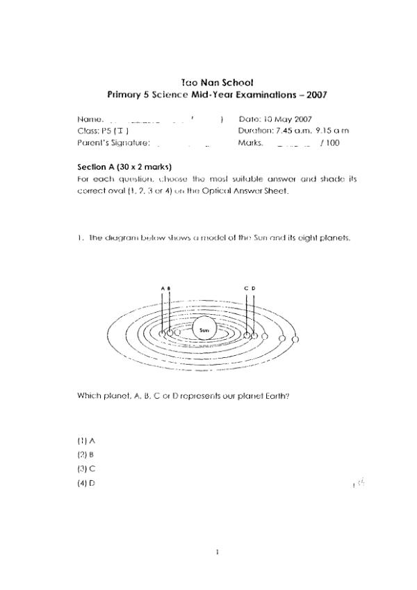 Tao Nan P5 Sci WA2 2007 exam paper PDF preview