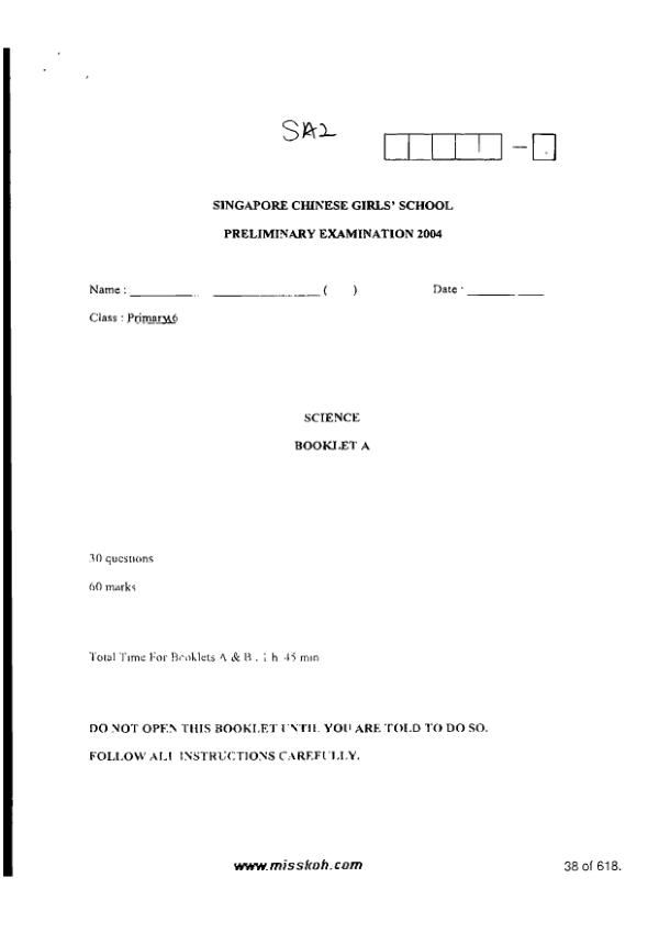 Singapore Chinese Girls P6 Sci SA2 2004 exam paper PDF first page preview
