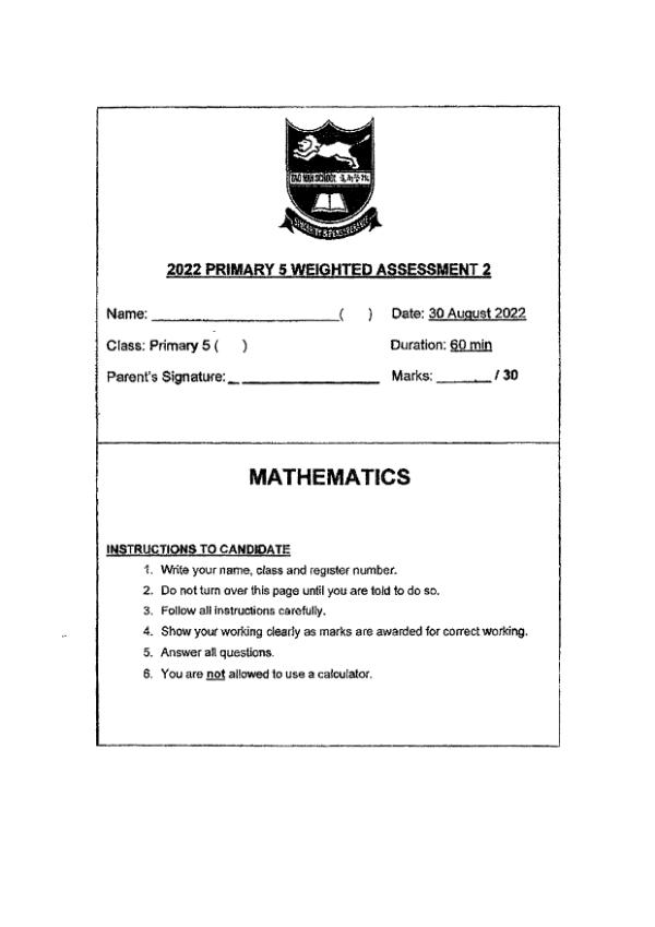 First page preview of P5 Math 2022 WA3 — Tao Nan