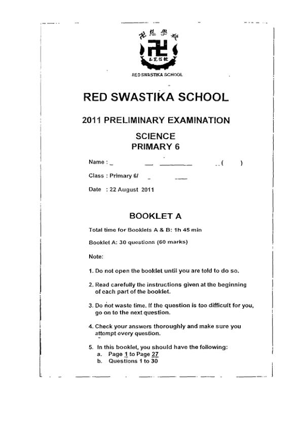 Red Swastika P6 Sci SA2 2011 exam paper PDF first page preview