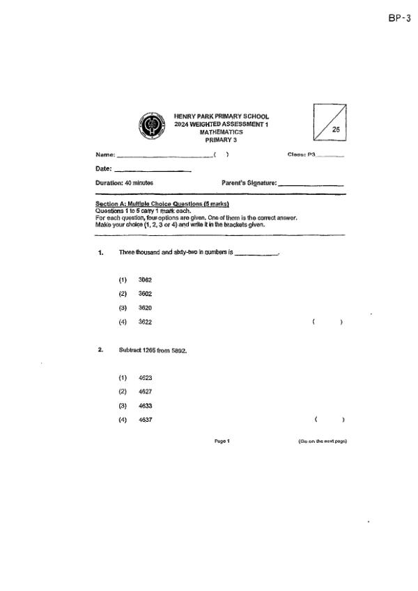 First page preview of P3 Math 2024 WA1 — Henry Park