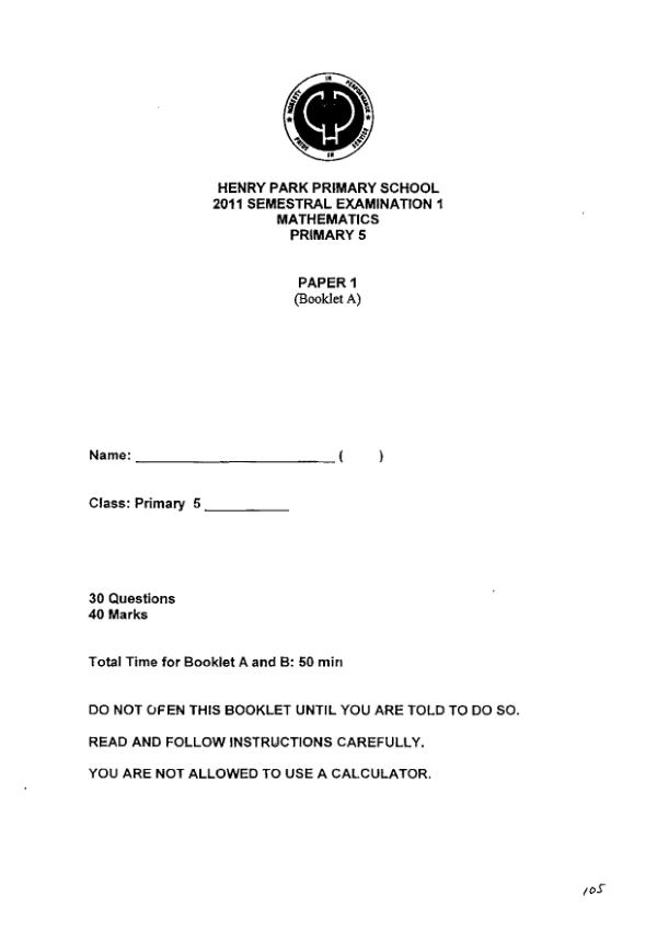 Henry Park P5 Math WA2 2011 exam paper PDF preview