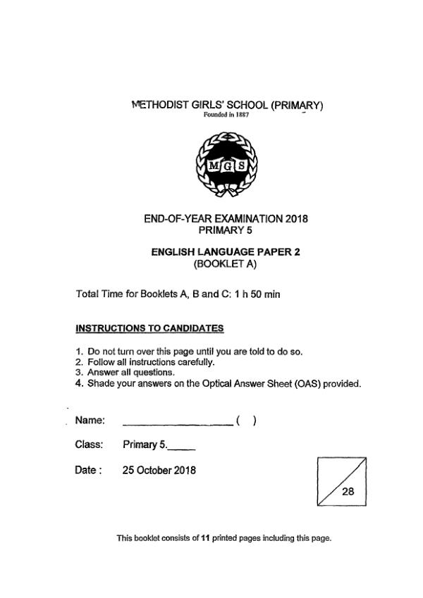 Methodist Girls P5 Eng SA2 2018 exam paper PDF preview