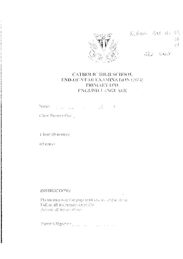 Catholic High P1 Eng SA2 2004 exam paper PDF first page preview