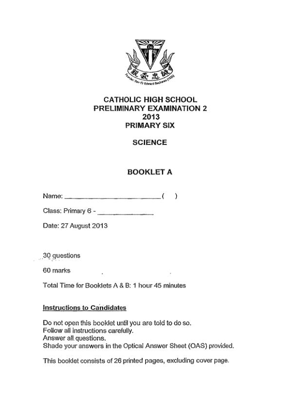 Catholic High P6 Sci SA2 2013 exam paper PDF preview