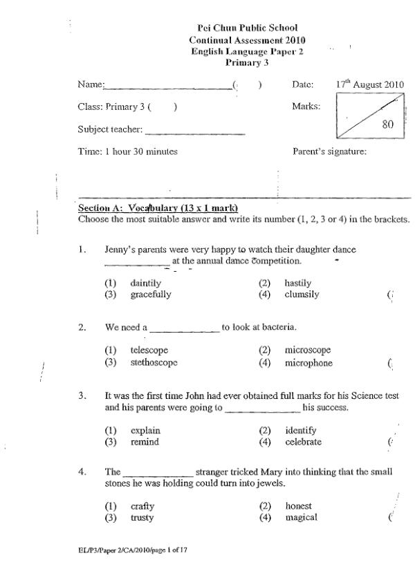 Pei Chun P3 Eng WA3 2010 exam paper PDF first page preview