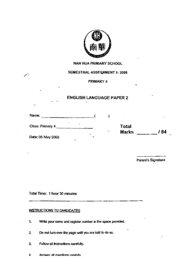 Nan Hua P4 Eng WA2 2008 exam paper PDF preview