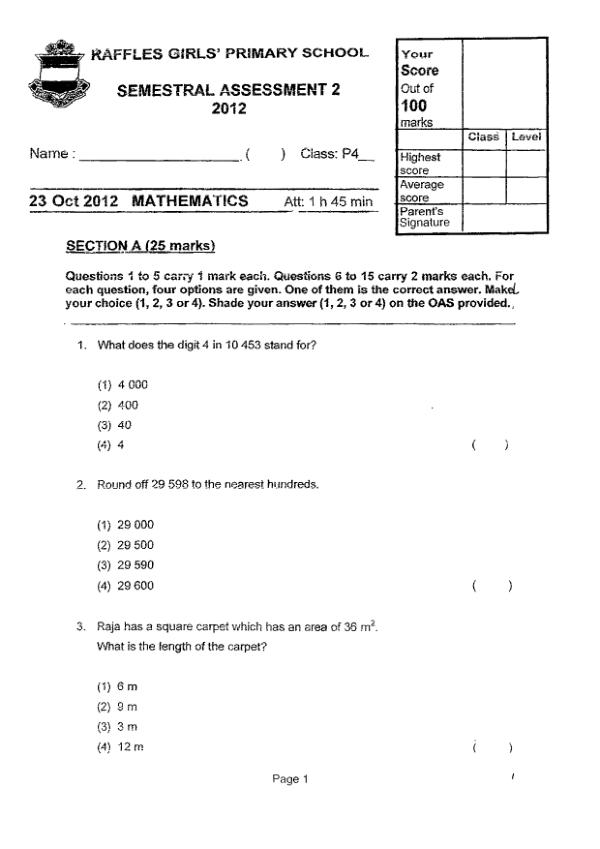 Raffles Girls P4 Math SA2 2012 exam paper PDF preview