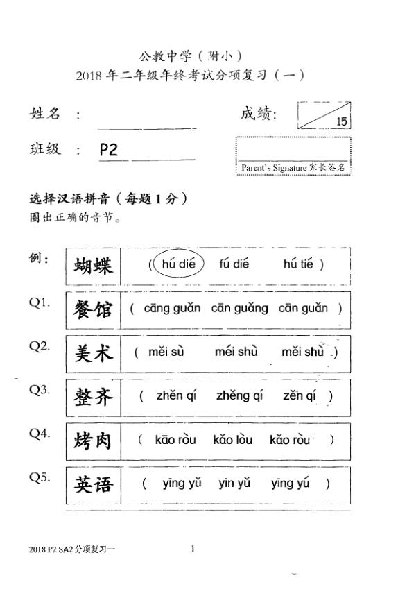 Catholic High P2 Chi WA2 2018 exam paper PDF first page preview