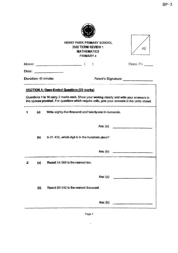 First page preview of P4 Math 2022 WA1 — Henry Park