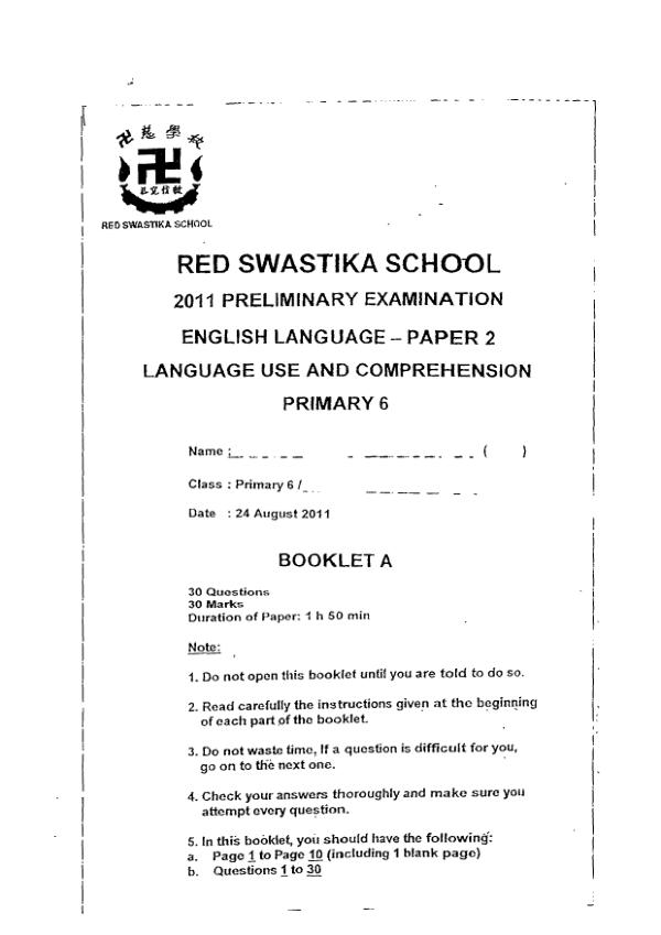 Red Swastika P6 Eng SA2 2011 exam paper PDF first page preview
