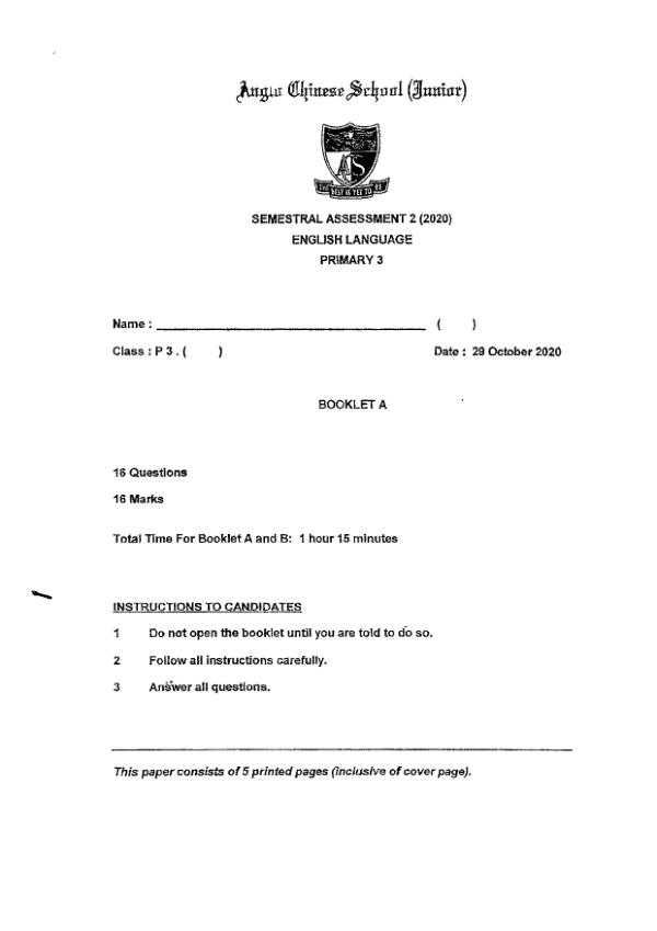Anglo Chinese P3 Eng SA2 2020 exam paper PDF first page preview