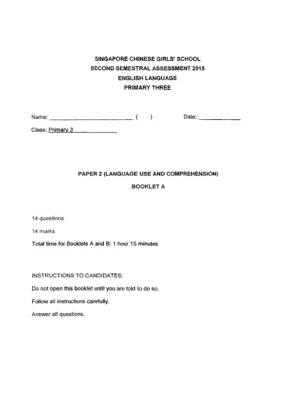 Singapore Chinese Girls P3 Eng SA2 2015 exam paper PDF preview