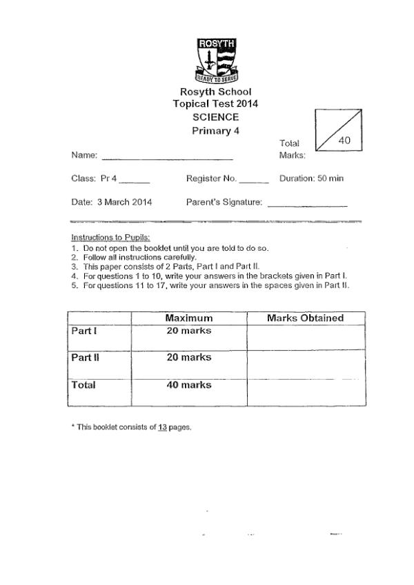 Rosyth P4 Sci WA1 2014 exam paper PDF preview