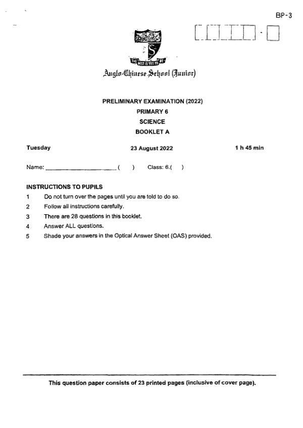 Anglo Chinese P6 Sci SA2 2022 exam paper PDF first page preview