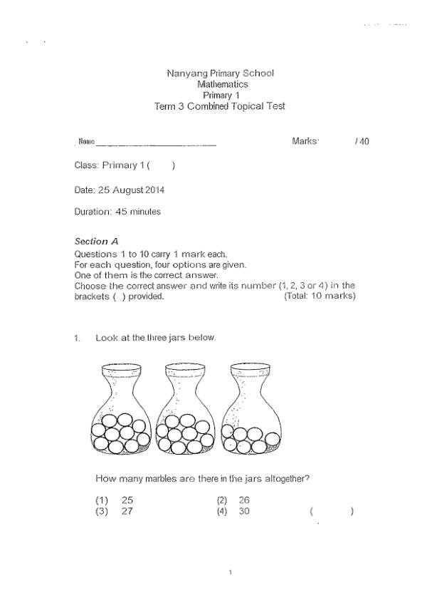 First page preview of P1 Math 2014 WA3 — Nanyang
