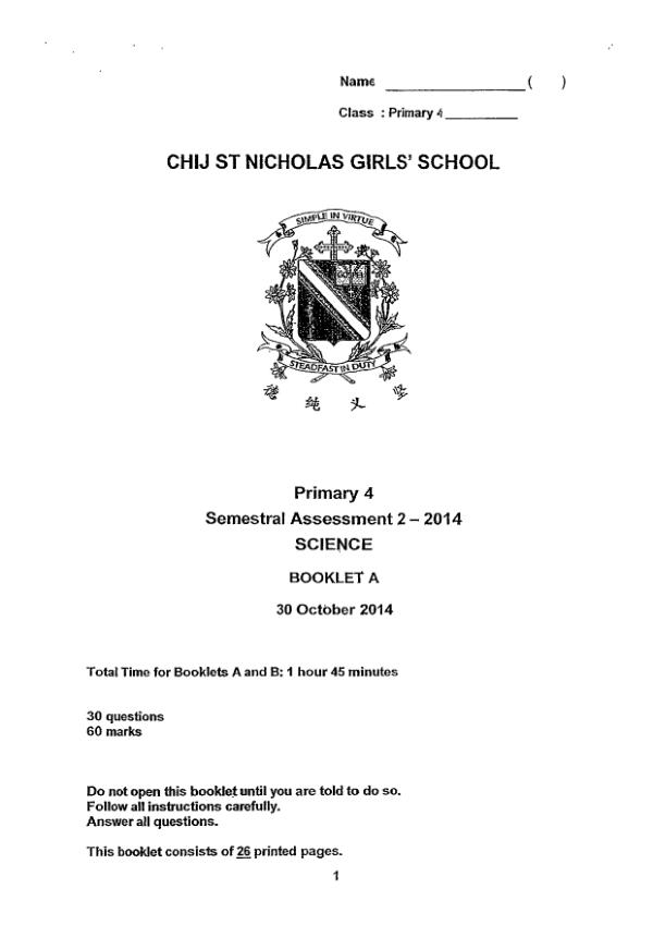 CHIJ P4 Sci SA2 2014 exam paper PDF first page preview