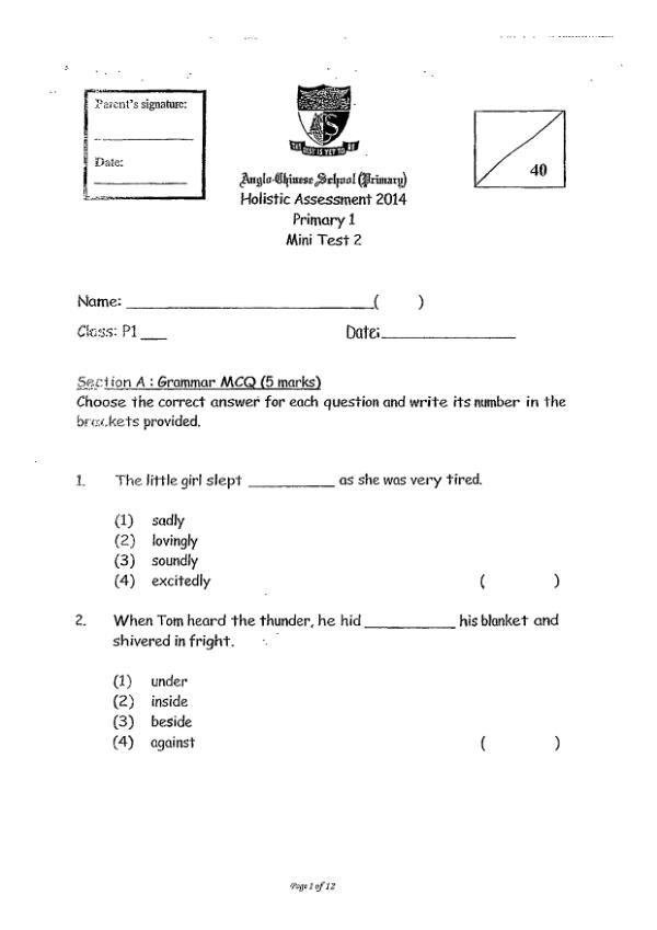 Anglo Chinese P1 Eng SA2 2014 exam paper PDF first page preview