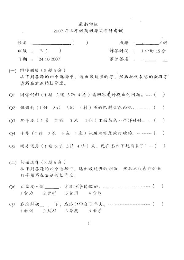 Tao Nan P3 Chi SA2 2007 exam paper PDF preview