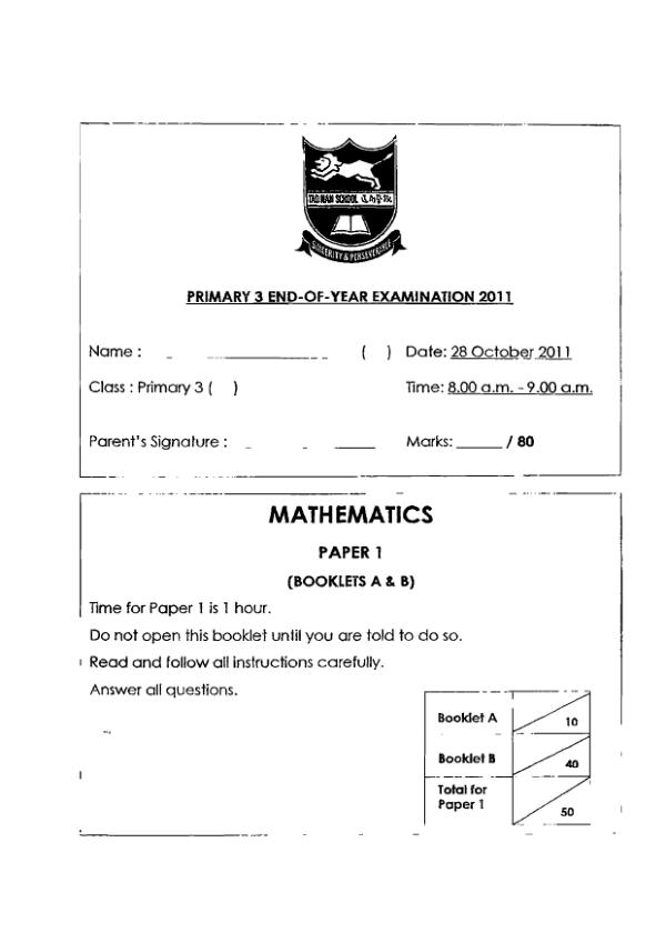 Tao Nan P3 Math SA2 2011 exam paper PDF preview