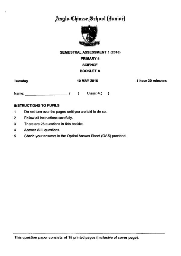 Anglo Chinese P4 Sci WA2 2016 exam paper PDF preview