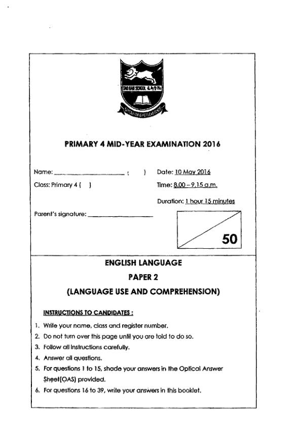 Tao Nan P4 Eng WA2 2016 exam paper PDF first page preview