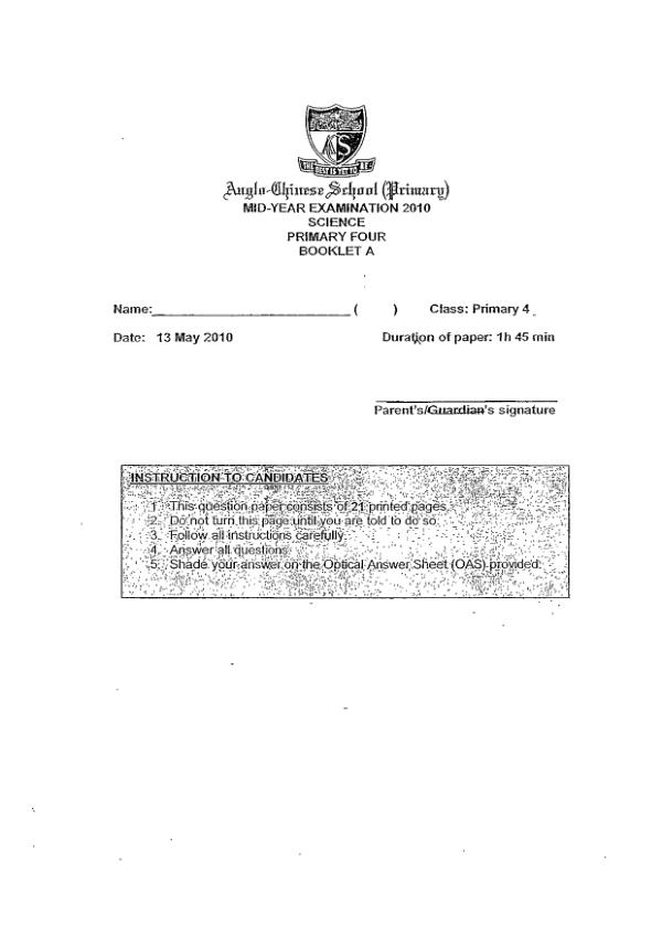 Anglo Chinese P4 Sci WA2 2010 exam paper PDF preview