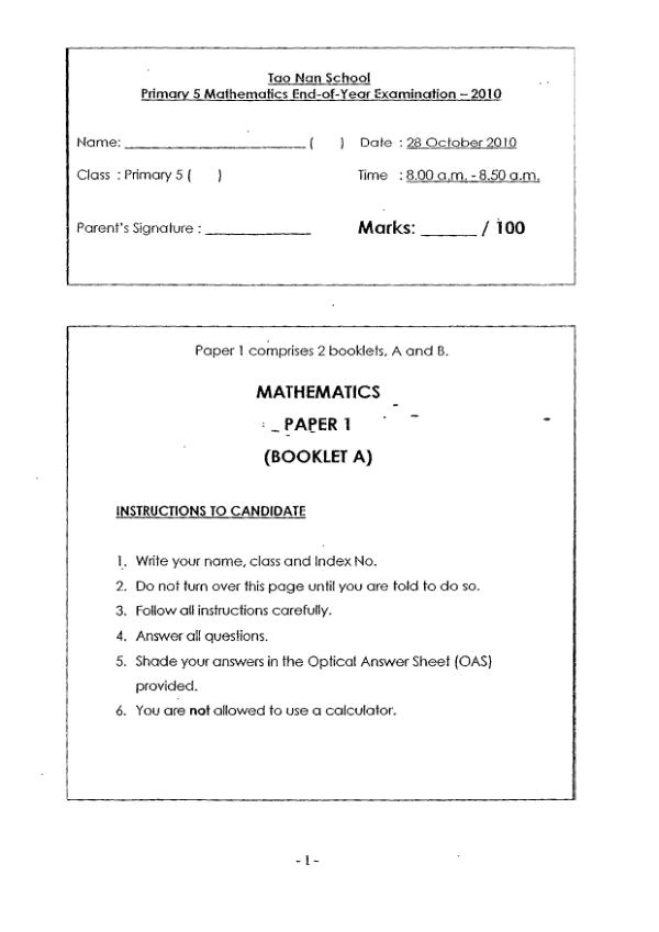 Tao Nan P5 Math SA2 2010 exam paper PDF preview