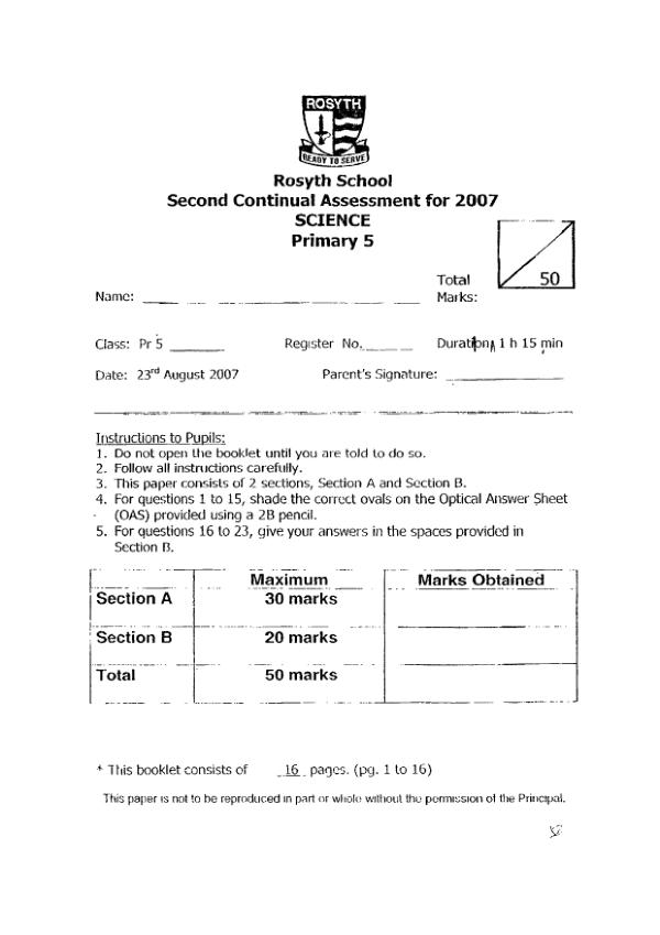 Nanyang P5 Sci WA3 2007 exam paper PDF preview