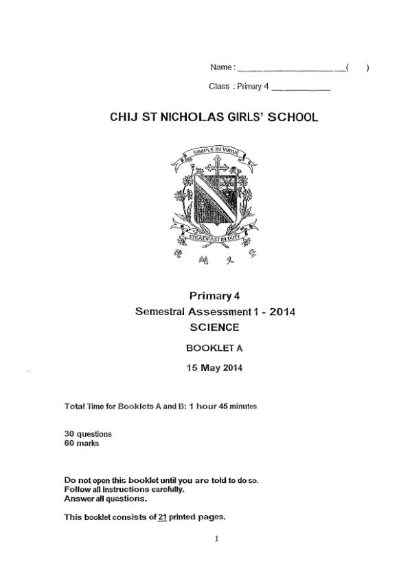 CHIJ P4 Sci WA2 2014 exam paper PDF first page preview