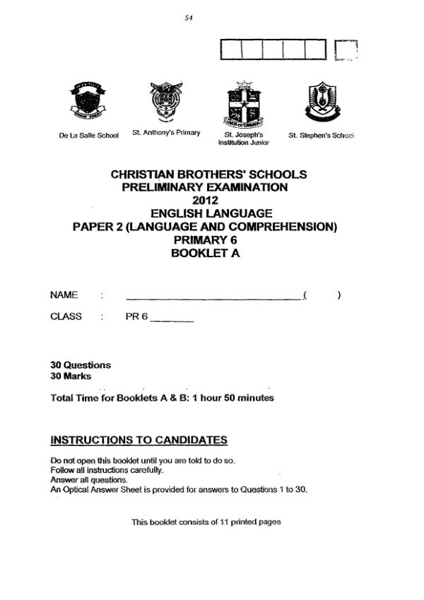 Christian Brothers P6 Eng SA2 2012 exam paper PDF first page preview