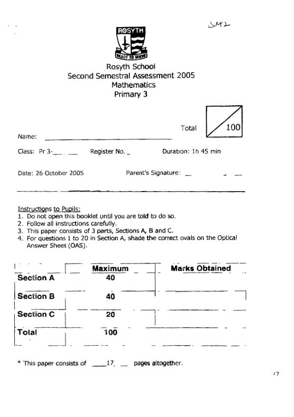Rosyth P3 Math SA2 2005 exam paper PDF first page preview