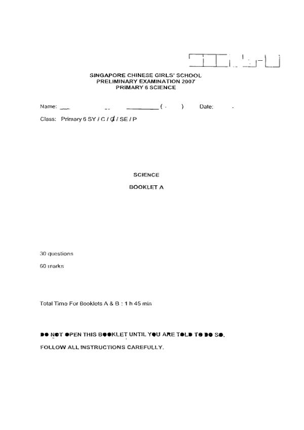 Singapore Chinese Girls P6 Sci SA2 2007 exam paper PDF first page preview