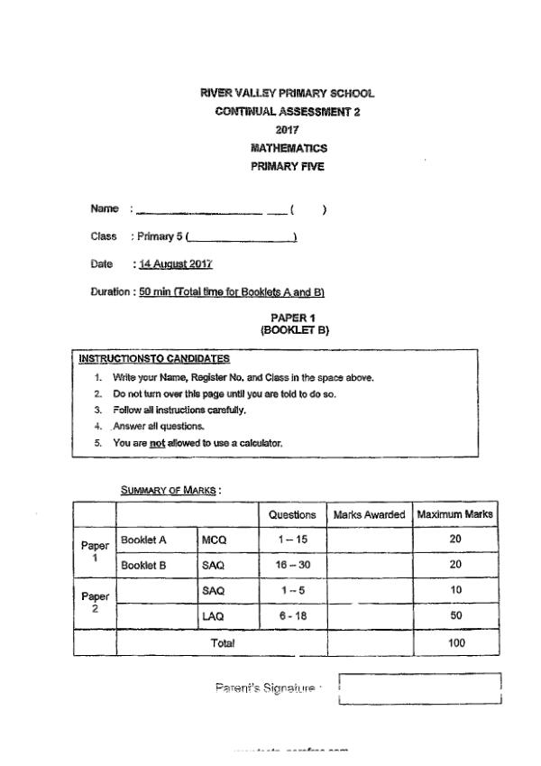 First page preview of P5 Math 2017 WA3 — River Valley