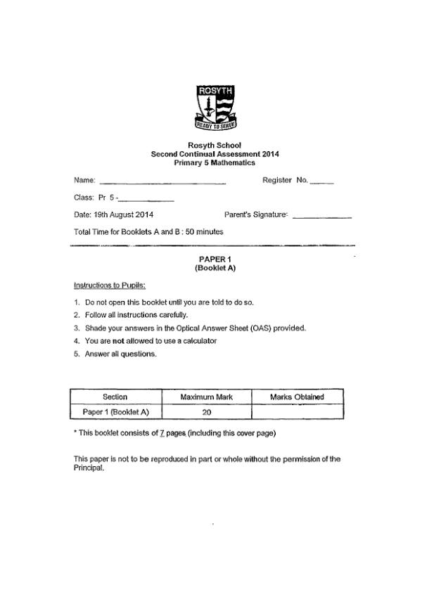 Rosyth P5 Math WA3 2014 exam paper PDF preview