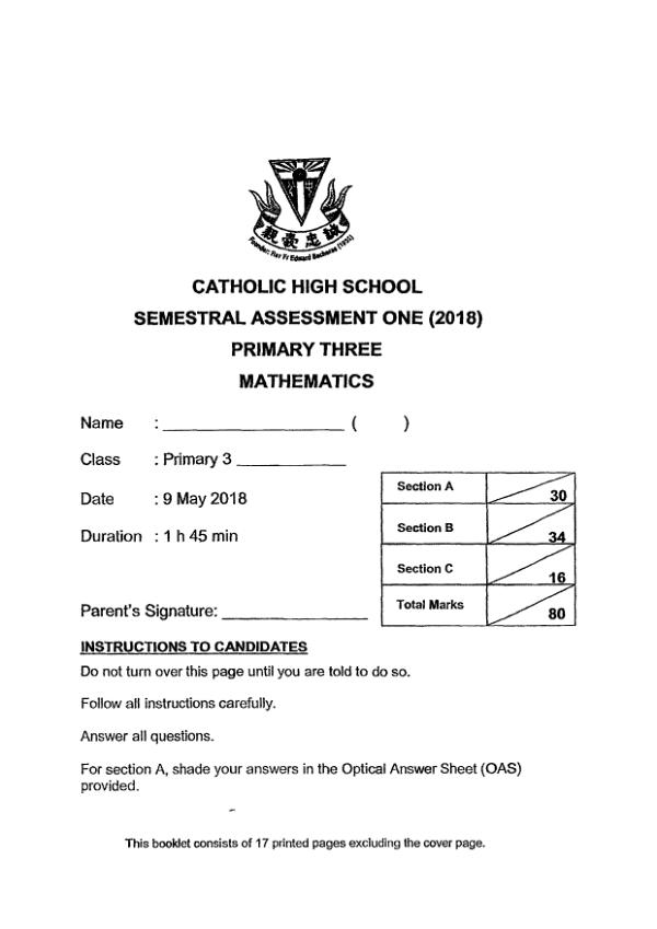 First page preview of P3 Math 2018 WA2 — Catholic High