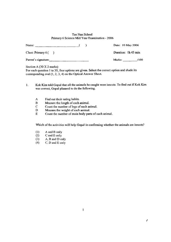 Tao Nan P6 Sci WA2 2006 exam paper PDF preview