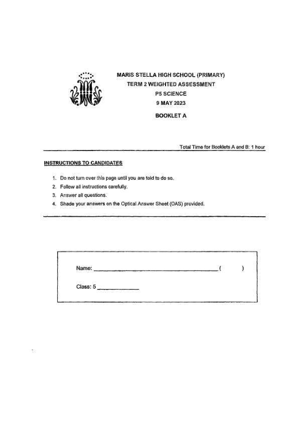Maris Stella High P5 Sci WA3 2023 exam paper PDF first page preview
