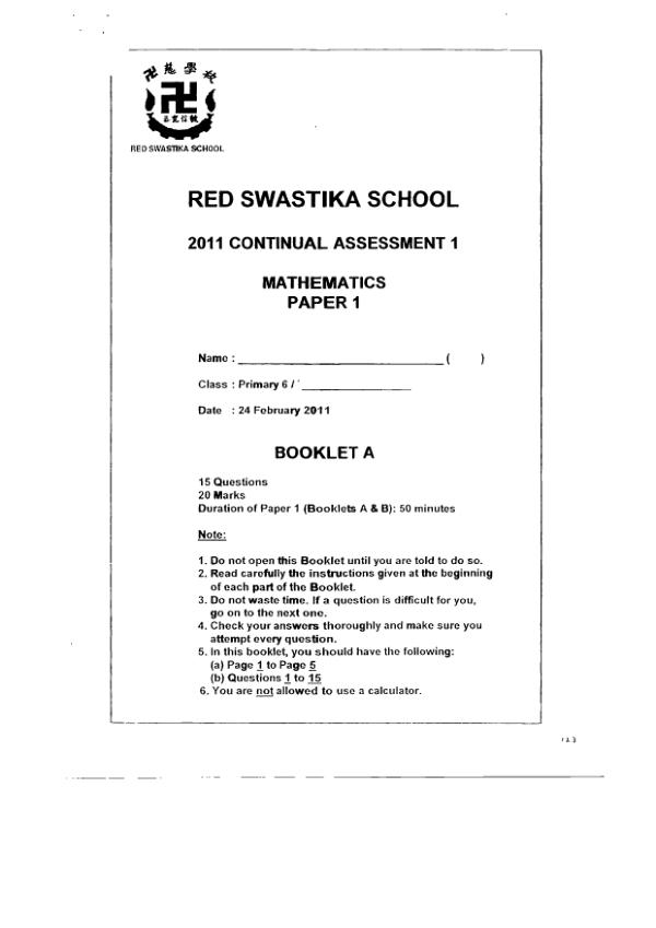 Red Swastika P6 Math WA1 2011 exam paper PDF preview