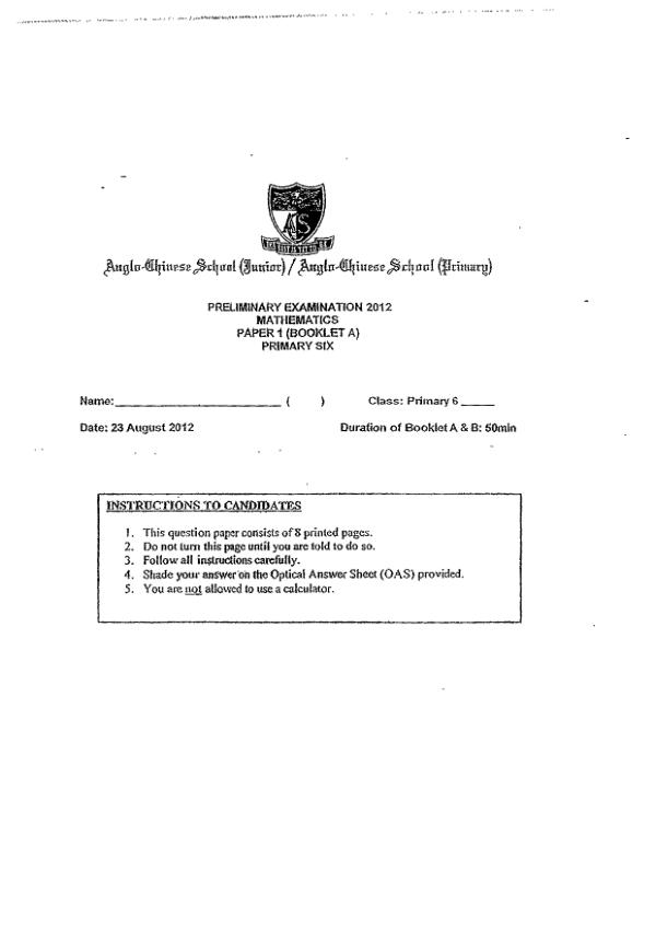 Anglo Chinese P6 Math SA2 2012 exam paper PDF preview