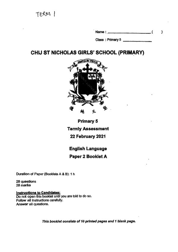 CHIJ P5 Eng WA1 2021 exam paper PDF preview