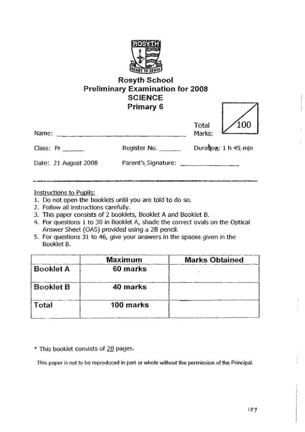 Rosyth P6 Sci SA2 2008 exam paper PDF preview