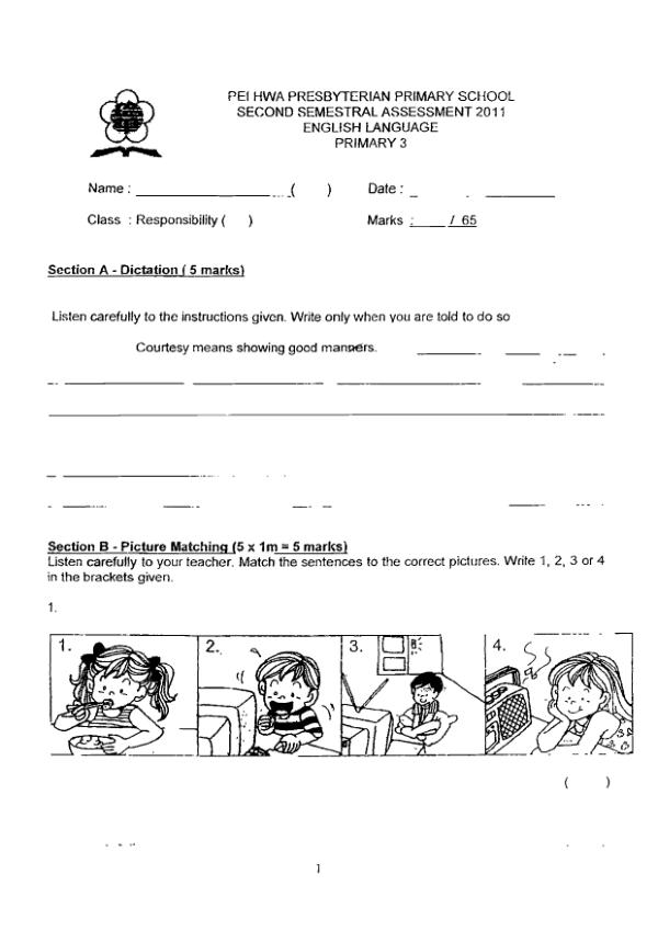 Pei Hwa P3 Eng SA2 2011 exam paper PDF first page preview