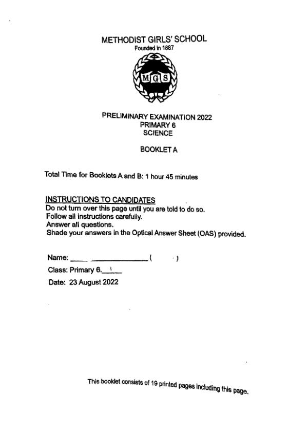 Methodist Girls P6 Sci SA2 2022 exam paper PDF preview